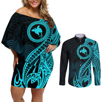 Papua New Guinea Island Couples Matching Off Shoulder Short Dress and Long Sleeve Button Shirts Bird of Paradise with Aqua Polynesian Tribal LT9 - Wonder Print Shop