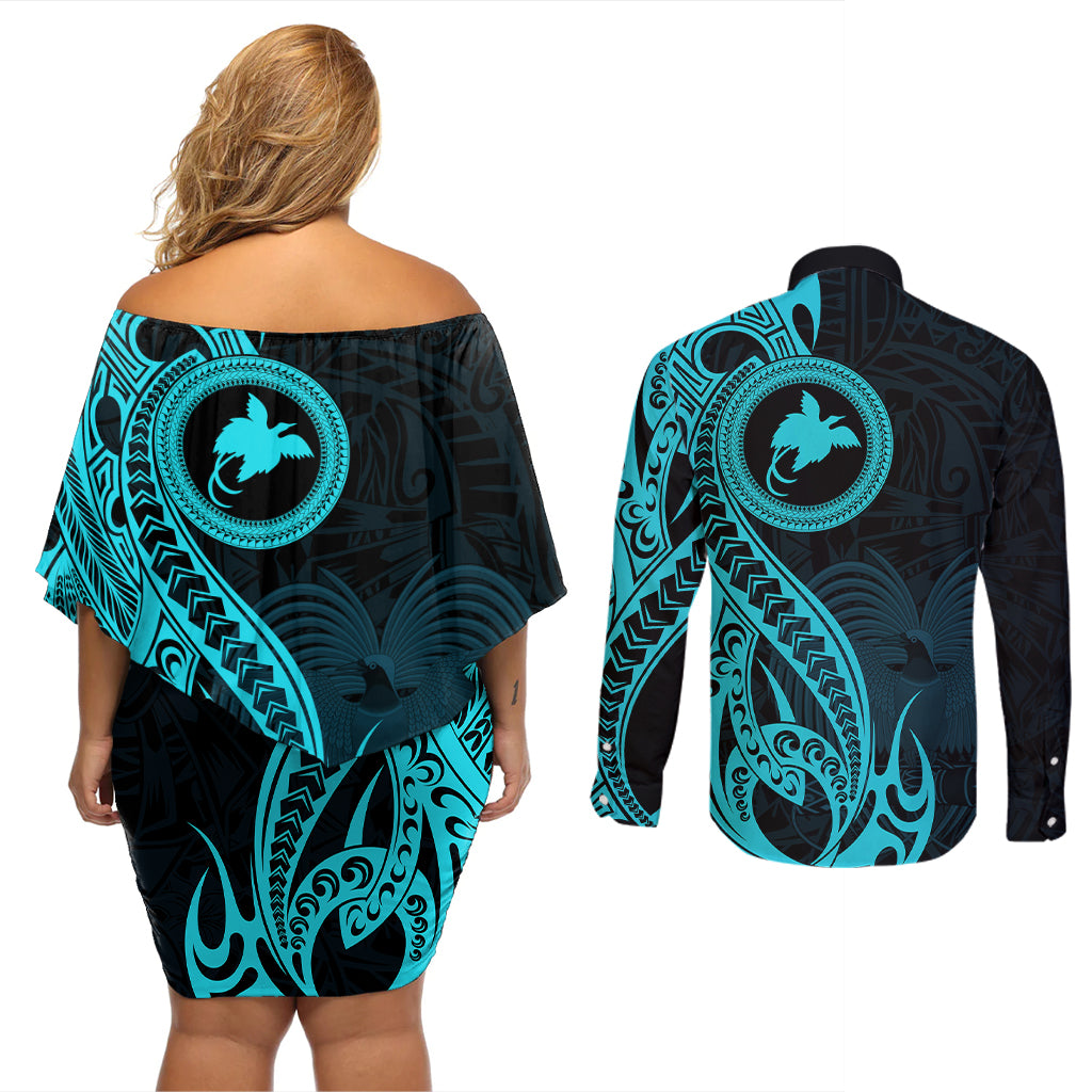 Papua New Guinea Island Couples Matching Off Shoulder Short Dress and Long Sleeve Button Shirts Bird of Paradise with Aqua Polynesian Tribal LT9 - Wonder Print Shop