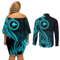Papua New Guinea Island Couples Matching Off Shoulder Short Dress and Long Sleeve Button Shirts Bird of Paradise with Aqua Polynesian Tribal LT9 - Wonder Print Shop