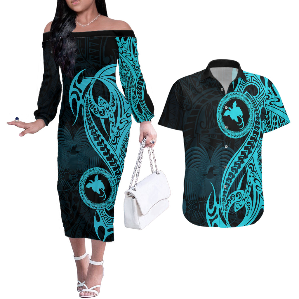 Papua New Guinea Island Couples Matching Off The Shoulder Long Sleeve Dress and Hawaiian Shirt Bird of Paradise with Aqua Polynesian Tribal LT9 - Wonder Print Shop