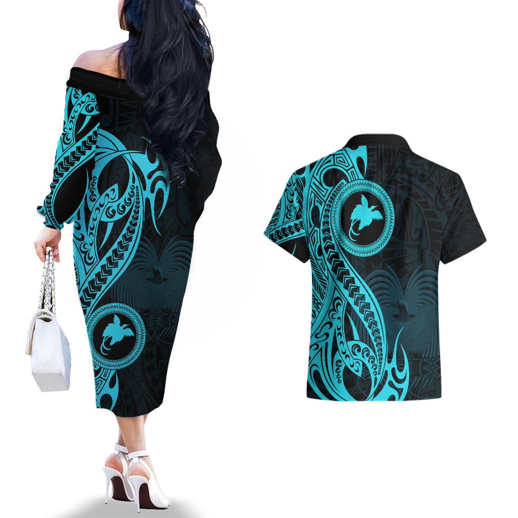 Papua New Guinea Island Couples Matching Off The Shoulder Long Sleeve Dress and Hawaiian Shirt Bird of Paradise with Aqua Polynesian Tribal LT9 - Wonder Print Shop