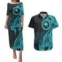 Papua New Guinea Island Couples Matching Puletasi Dress and Hawaiian Shirt Bird of Paradise with Aqua Polynesian Tribal LT9 - Wonder Print Shop