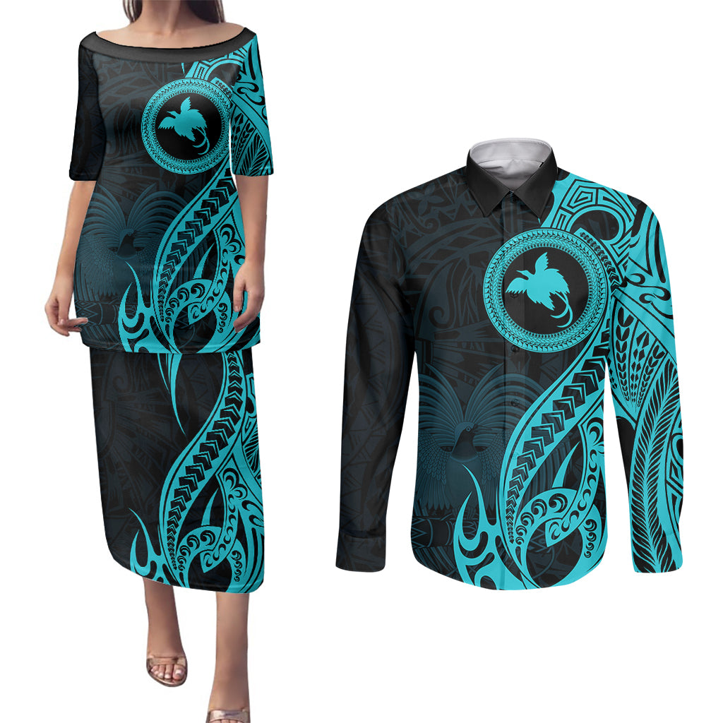 Papua New Guinea Island Couples Matching Puletasi Dress and Long Sleeve Button Shirts Bird of Paradise with Aqua Polynesian Tribal LT9 - Wonder Print Shop