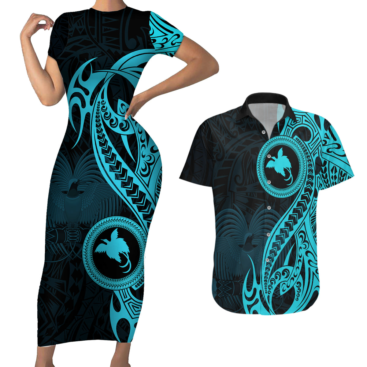 Papua New Guinea Island Couples Matching Short Sleeve Bodycon Dress and Hawaiian Shirt Bird of Paradise with Aqua Polynesian Tribal LT9 - Wonder Print Shop