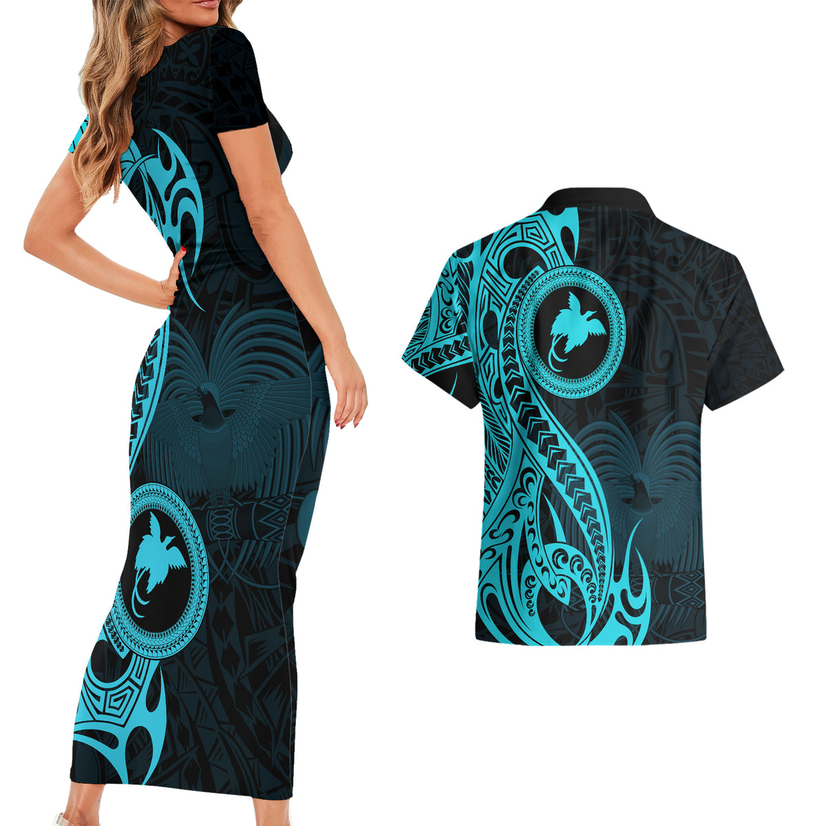 Papua New Guinea Island Couples Matching Short Sleeve Bodycon Dress and Hawaiian Shirt Bird of Paradise with Aqua Polynesian Tribal LT9 - Wonder Print Shop