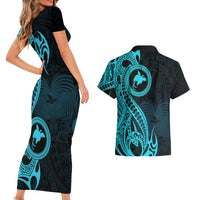Papua New Guinea Island Couples Matching Short Sleeve Bodycon Dress and Hawaiian Shirt Bird of Paradise with Aqua Polynesian Tribal LT9 - Wonder Print Shop