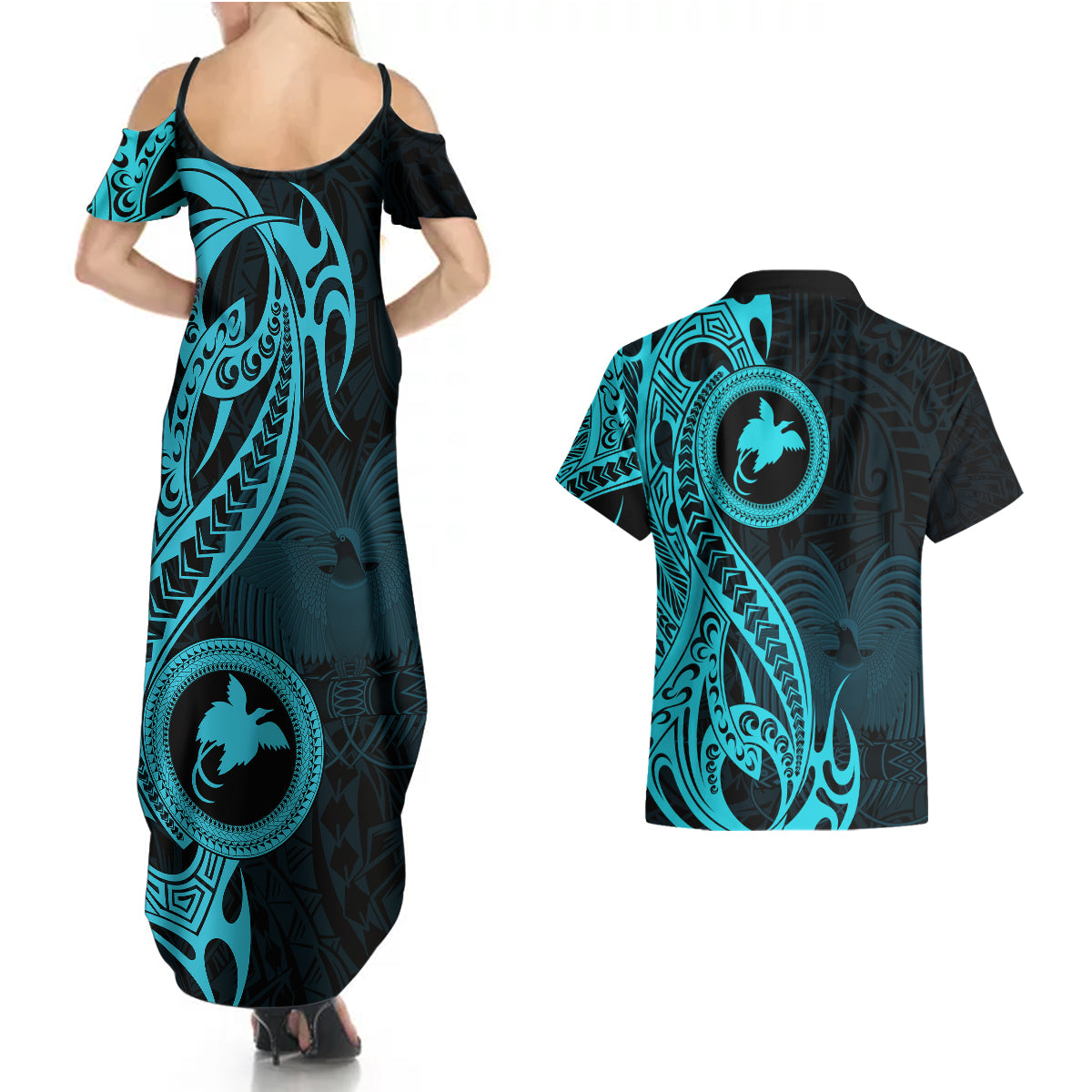Papua New Guinea Island Couples Matching Summer Maxi Dress and Hawaiian Shirt Bird of Paradise with Aqua Polynesian Tribal LT9 - Wonder Print Shop