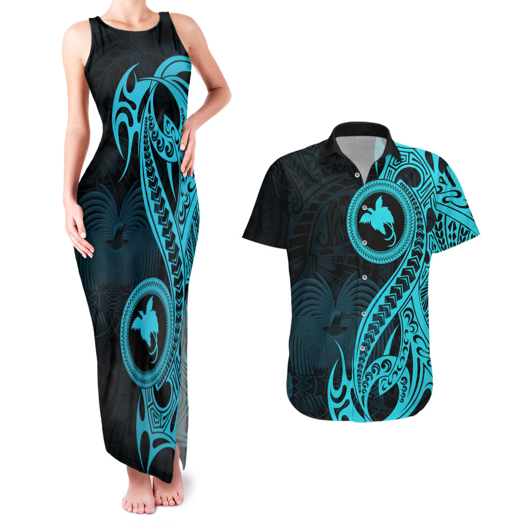 Papua New Guinea Island Couples Matching Tank Maxi Dress and Hawaiian Shirt Bird of Paradise with Aqua Polynesian Tribal LT9 - Wonder Print Shop