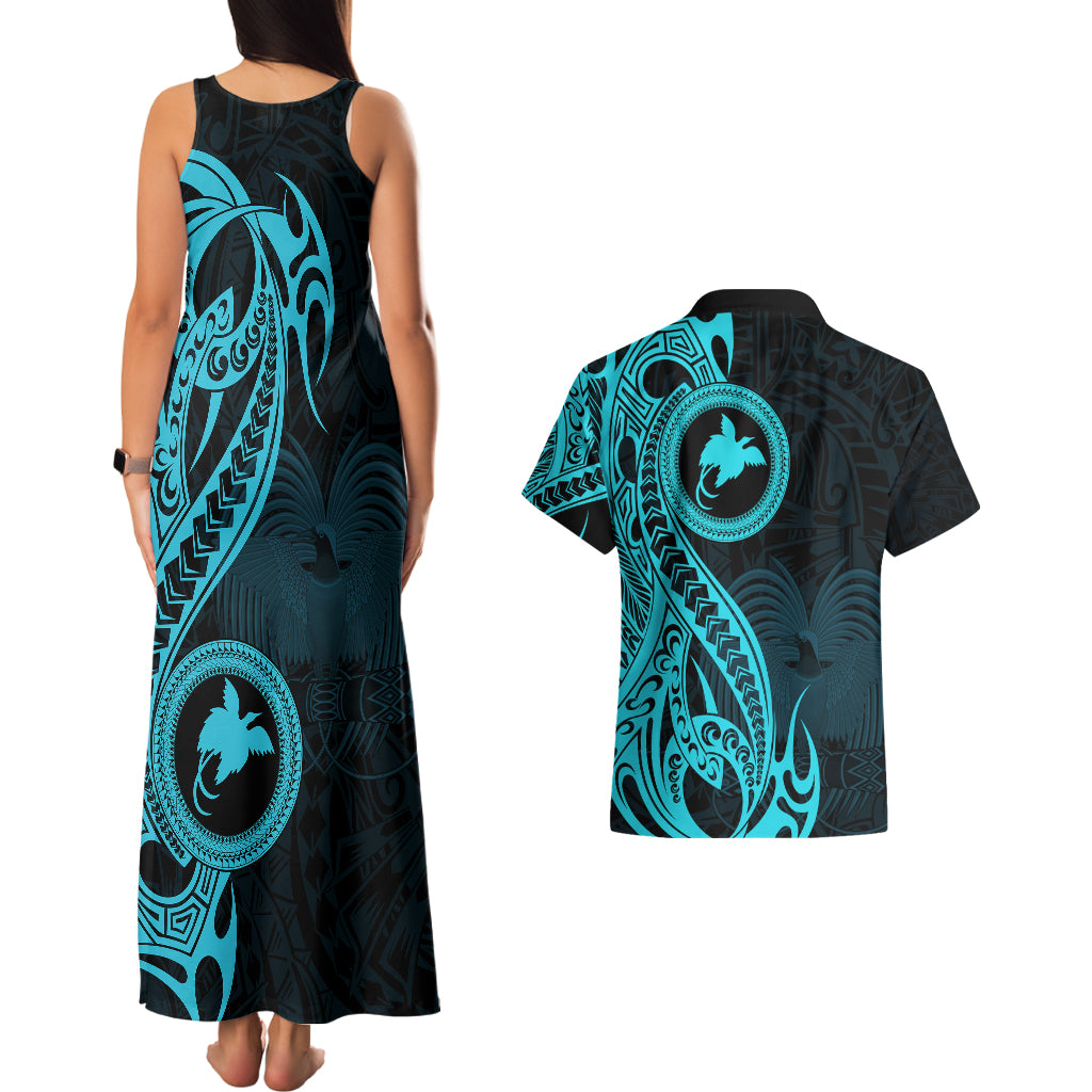 Papua New Guinea Island Couples Matching Tank Maxi Dress and Hawaiian Shirt Bird of Paradise with Aqua Polynesian Tribal LT9 - Wonder Print Shop