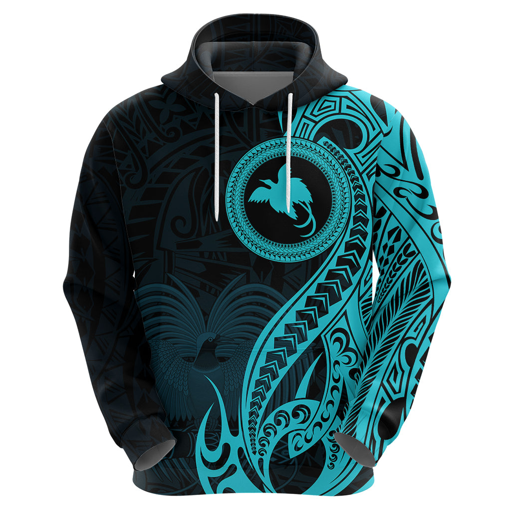 Papua New Guinea Island Hoodie Bird of Paradise with Aqua Polynesian Tribal - Wonder Print Shop