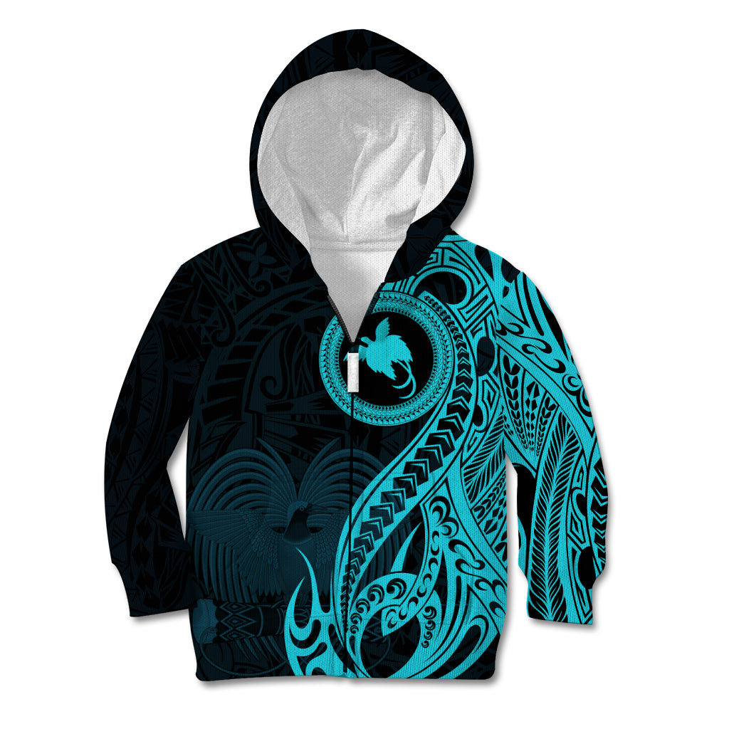 Papua New Guinea Island Kid Hoodie Bird of Paradise with Aqua Polynesian Tribal - Wonder Print Shop