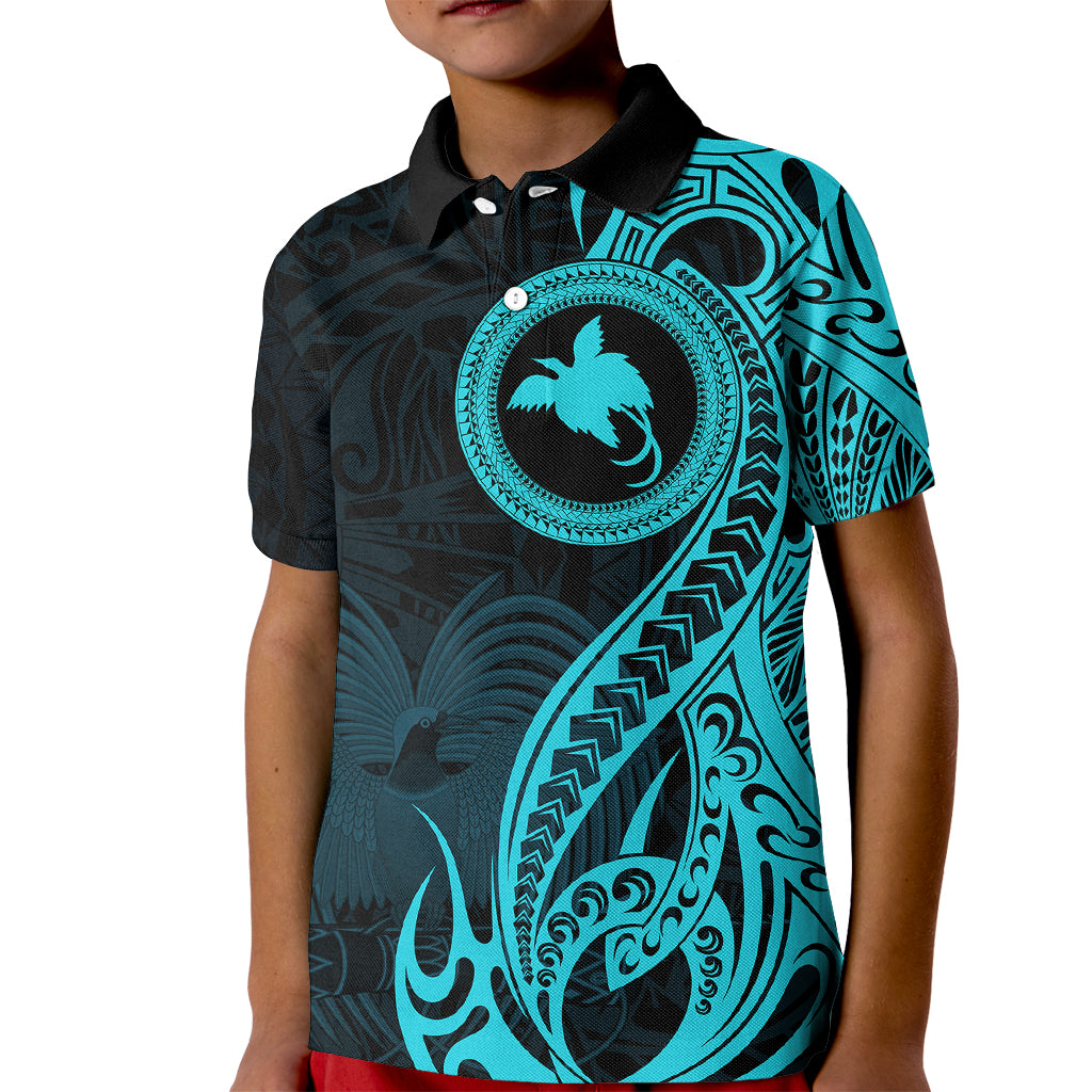 Papua New Guinea Island Kid Polo Shirt Bird of Paradise with Aqua Polynesian Tribal - Wonder Print Shop
