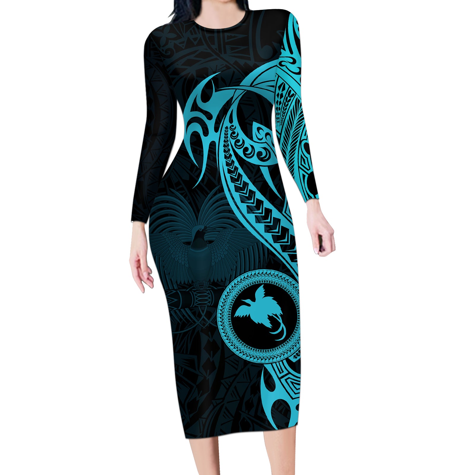 Papua New Guinea Island Long Sleeve Bodycon Dress Bird of Paradise with Aqua Polynesian Tribal - Wonder Print Shop