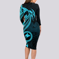 Papua New Guinea Island Long Sleeve Bodycon Dress Bird of Paradise with Aqua Polynesian Tribal - Wonder Print Shop
