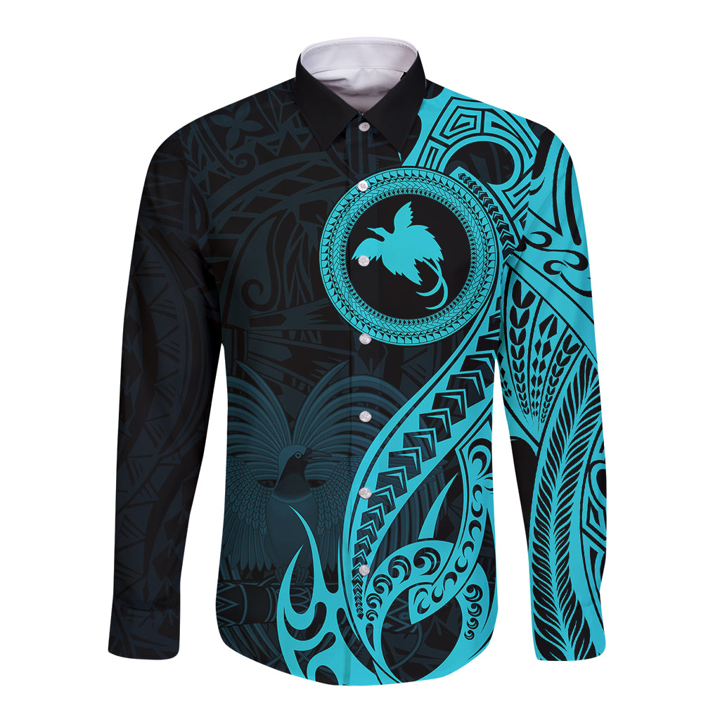 Papua New Guinea Island Long Sleeve Button Shirt Bird of Paradise with Aqua Polynesian Tribal - Wonder Print Shop