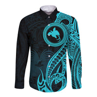 Papua New Guinea Island Long Sleeve Button Shirt Bird of Paradise with Aqua Polynesian Tribal - Wonder Print Shop