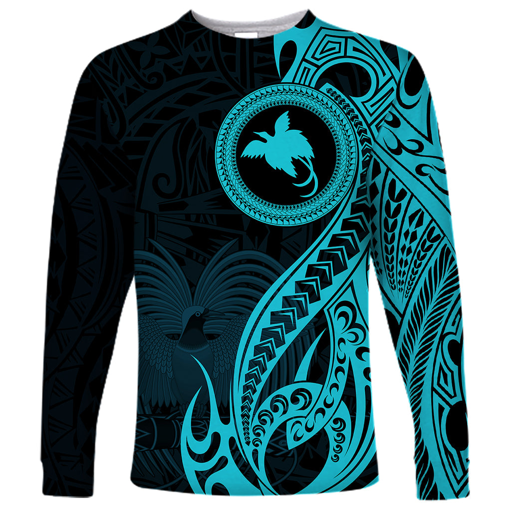 Papua New Guinea Island Long Sleeve Shirt Bird of Paradise with Aqua Polynesian Tribal - Wonder Print Shop