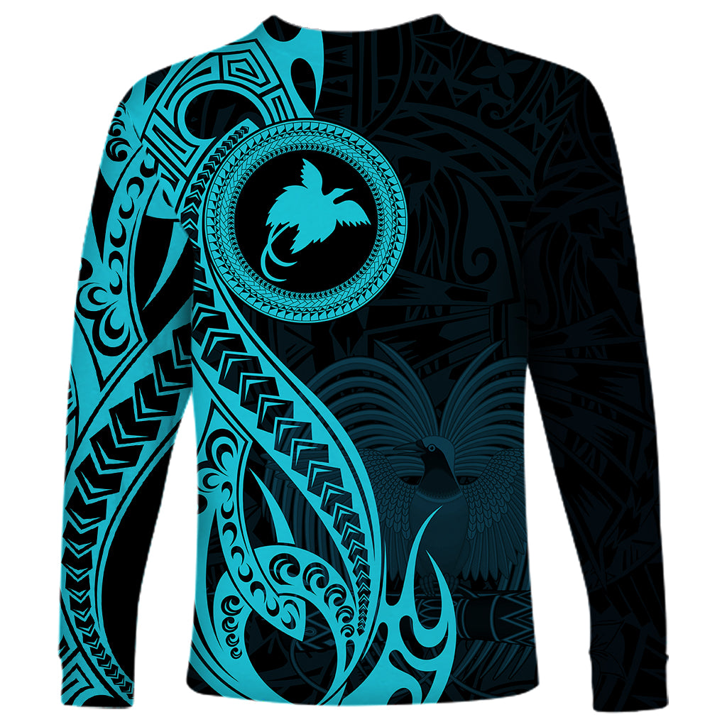 Papua New Guinea Island Long Sleeve Shirt Bird of Paradise with Aqua Polynesian Tribal - Wonder Print Shop