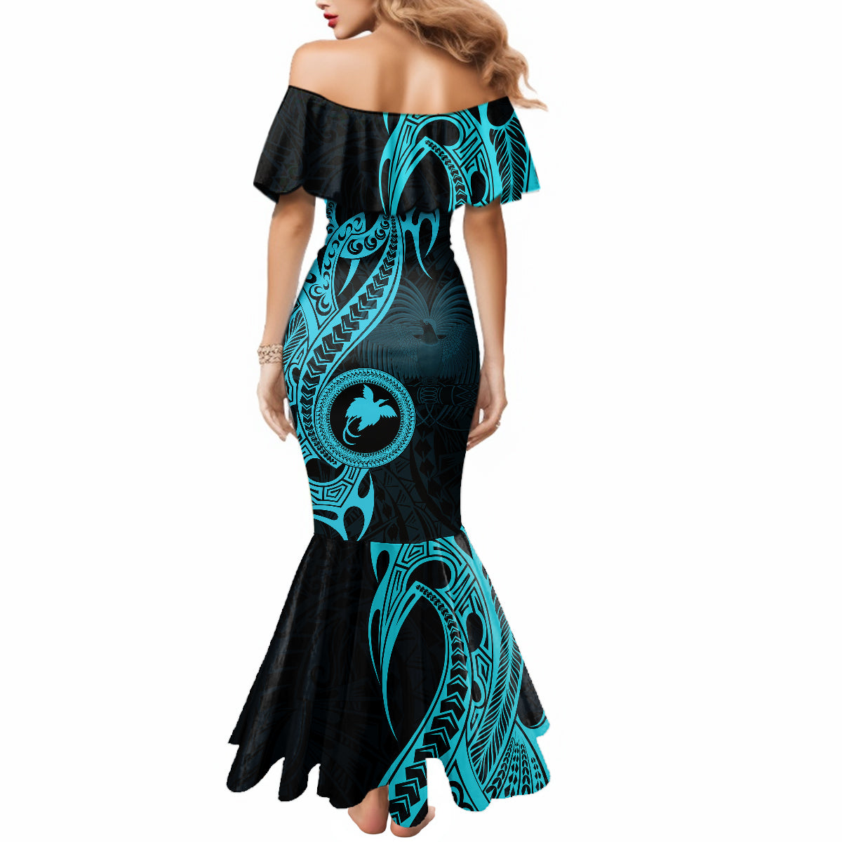 Papua New Guinea Island Mermaid Dress Bird of Paradise with Aqua Polynesian Tribal - Wonder Print Shop