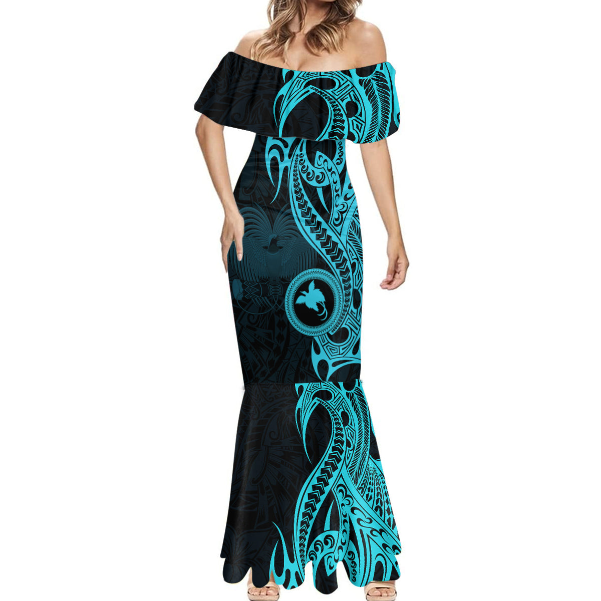 Papua New Guinea Island Mermaid Dress Bird of Paradise with Aqua Polynesian Tribal - Wonder Print Shop