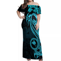 Papua New Guinea Island Off Shoulder Maxi Dress Bird of Paradise with Aqua Polynesian Tribal - Wonder Print Shop