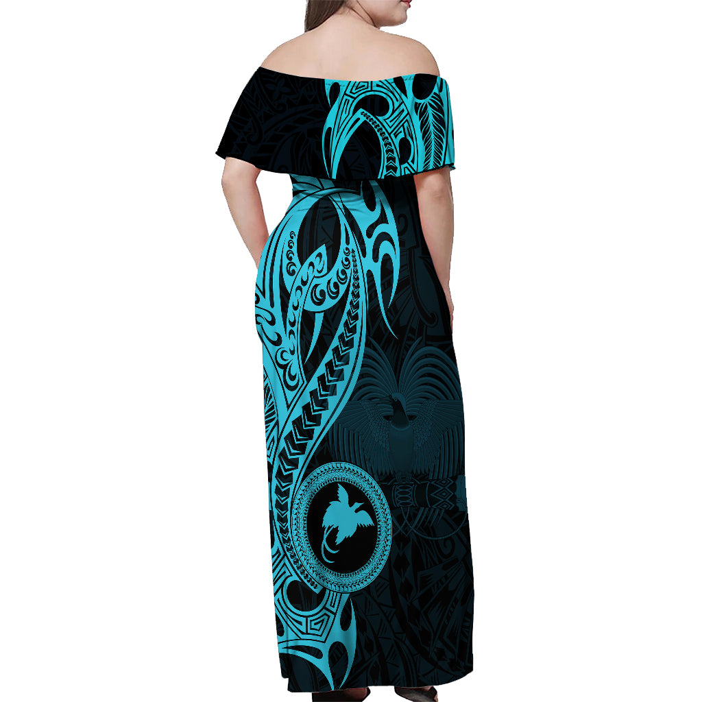 Papua New Guinea Island Off Shoulder Maxi Dress Bird of Paradise with Aqua Polynesian Tribal - Wonder Print Shop