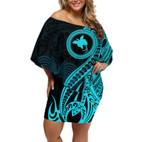 Papua New Guinea Island Off Shoulder Short Dress Bird of Paradise with Aqua Polynesian Tribal - Wonder Print Shop