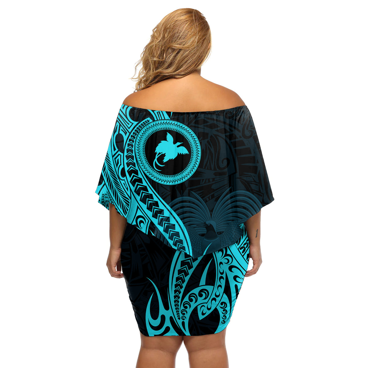 Papua New Guinea Island Off Shoulder Short Dress Bird of Paradise with Aqua Polynesian Tribal - Wonder Print Shop
