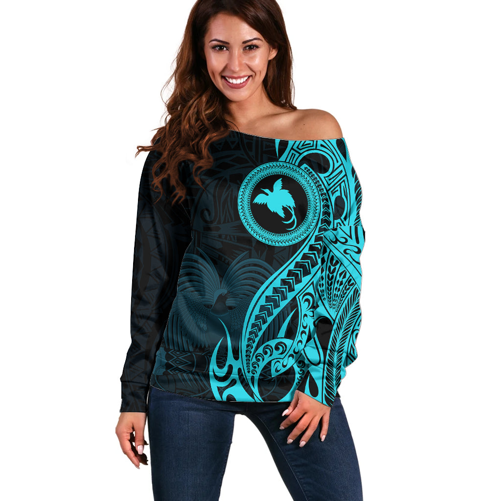 Papua New Guinea Island Off Shoulder Sweater Bird of Paradise with Aqua Polynesian Tribal - Wonder Print Shop