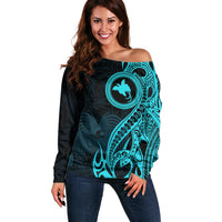 Papua New Guinea Island Off Shoulder Sweater Bird of Paradise with Aqua Polynesian Tribal - Wonder Print Shop