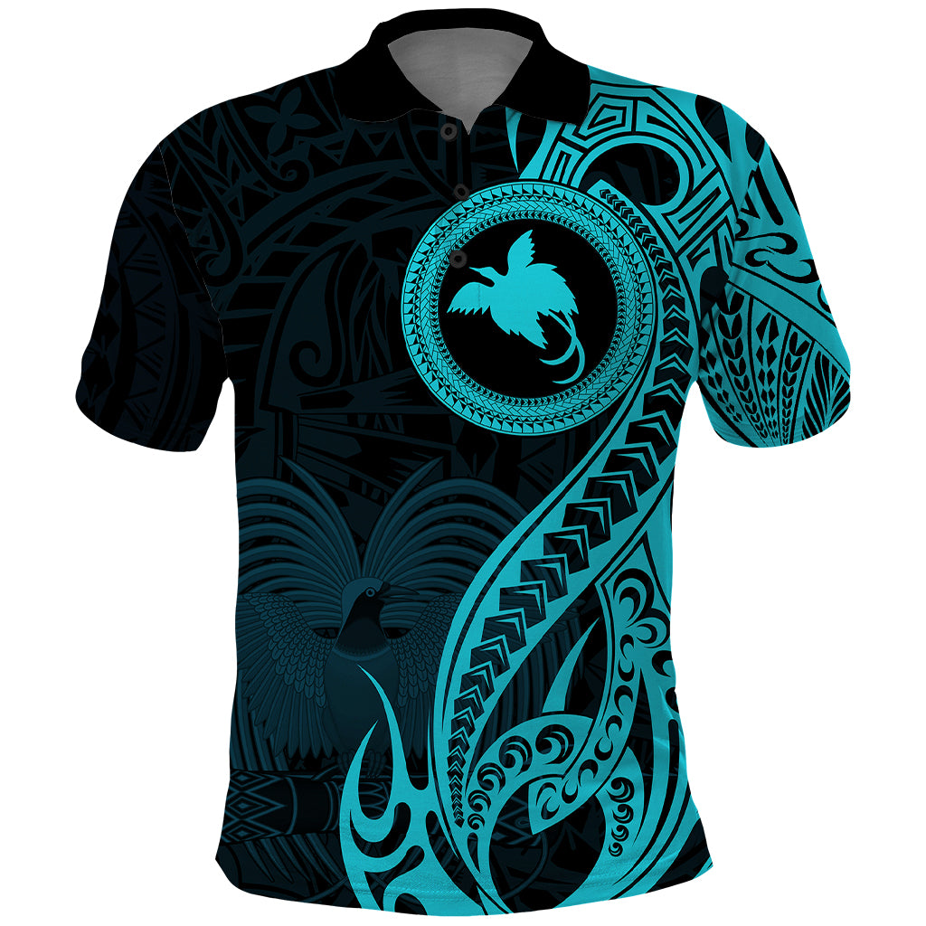 Papua New Guinea Island Polo Shirt Bird of Paradise with Aqua Polynesian Tribal - Wonder Print Shop