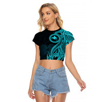 Papua New Guinea Island Raglan Cropped T Shirt Bird of Paradise with Aqua Polynesian Tribal - Wonder Print Shop