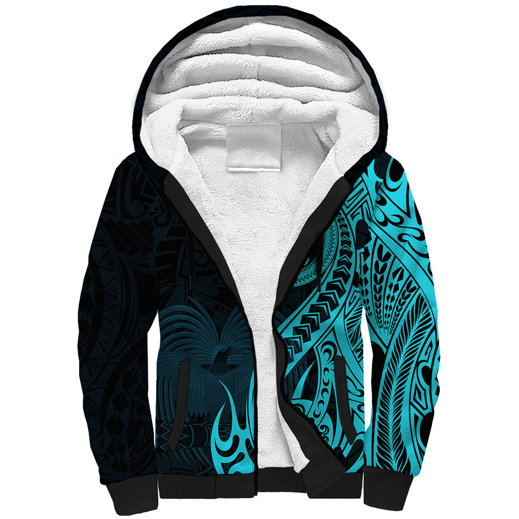 Papua New Guinea Island Sherpa Hoodie Bird of Paradise with Aqua Polynesian Tribal - Wonder Print Shop