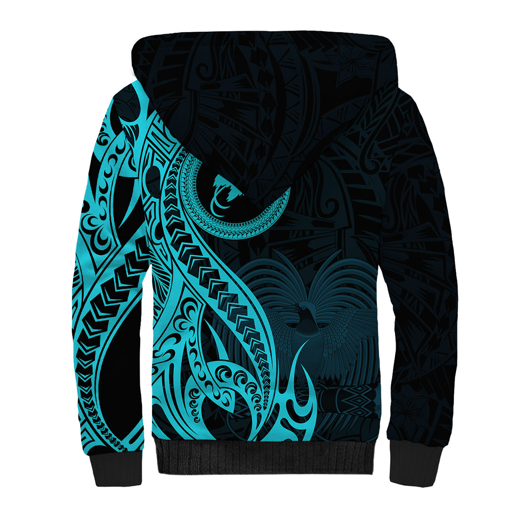 Papua New Guinea Island Sherpa Hoodie Bird of Paradise with Aqua Polynesian Tribal - Wonder Print Shop