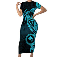 Papua New Guinea Island Short Sleeve Bodycon Dress Bird of Paradise with Aqua Polynesian Tribal - Wonder Print Shop