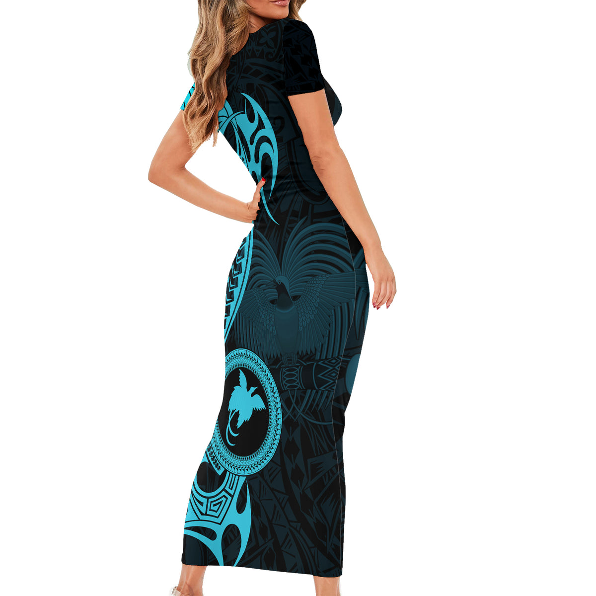 Papua New Guinea Island Short Sleeve Bodycon Dress Bird of Paradise with Aqua Polynesian Tribal - Wonder Print Shop