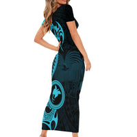 Papua New Guinea Island Short Sleeve Bodycon Dress Bird of Paradise with Aqua Polynesian Tribal - Wonder Print Shop
