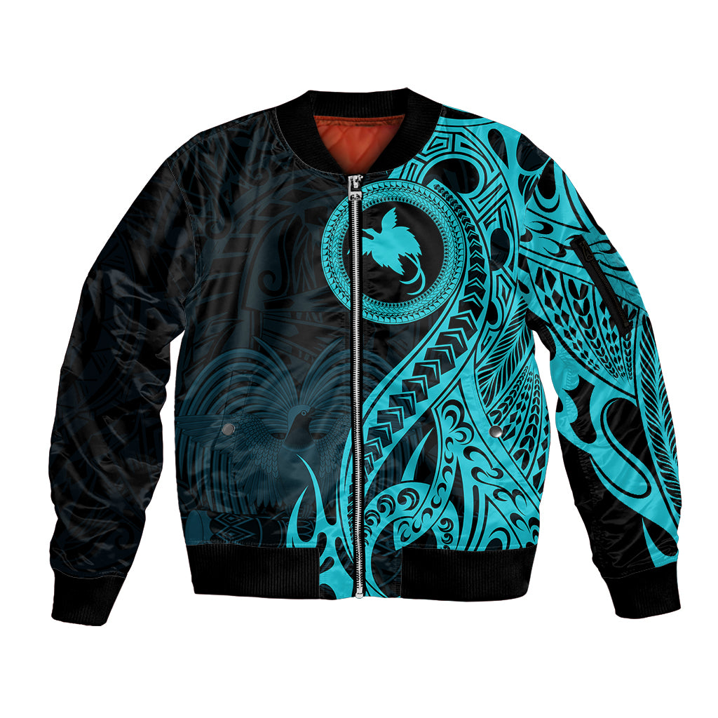 Papua New Guinea Island Sleeve Zip Bomber Jacket Bird of Paradise with Aqua Polynesian Tribal - Wonder Print Shop