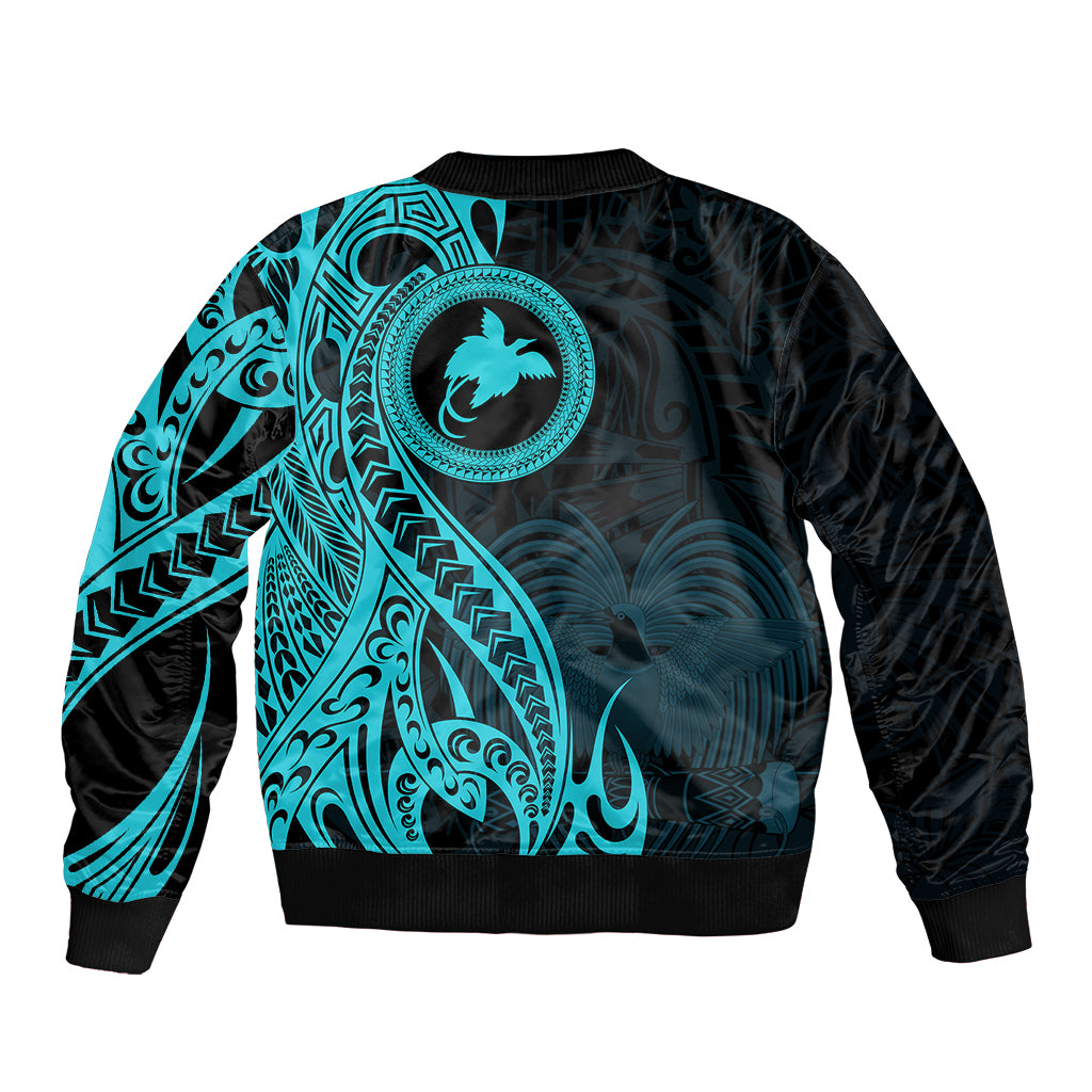 Papua New Guinea Island Sleeve Zip Bomber Jacket Bird of Paradise with Aqua Polynesian Tribal - Wonder Print Shop