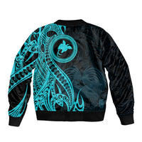Papua New Guinea Island Sleeve Zip Bomber Jacket Bird of Paradise with Aqua Polynesian Tribal - Wonder Print Shop