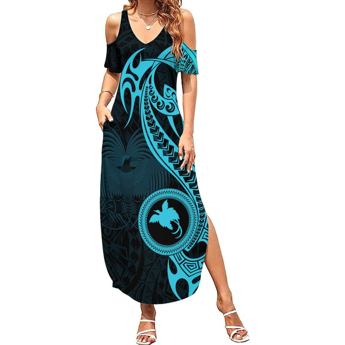 Papua New Guinea Island Summer Maxi Dress Bird of Paradise with Aqua Polynesian Tribal - Wonder Print Shop