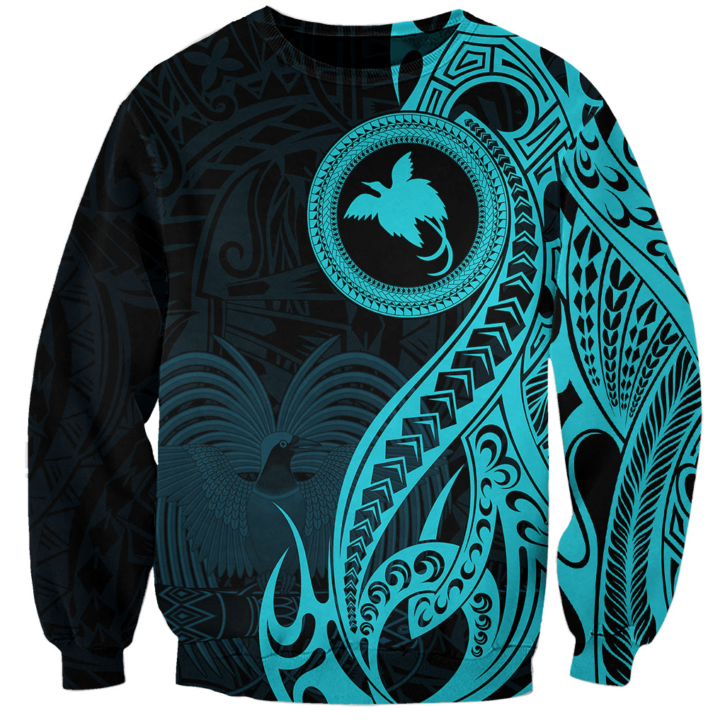 Papua New Guinea Island Sweatshirt Bird of Paradise with Aqua Polynesian Tribal - Wonder Print Shop