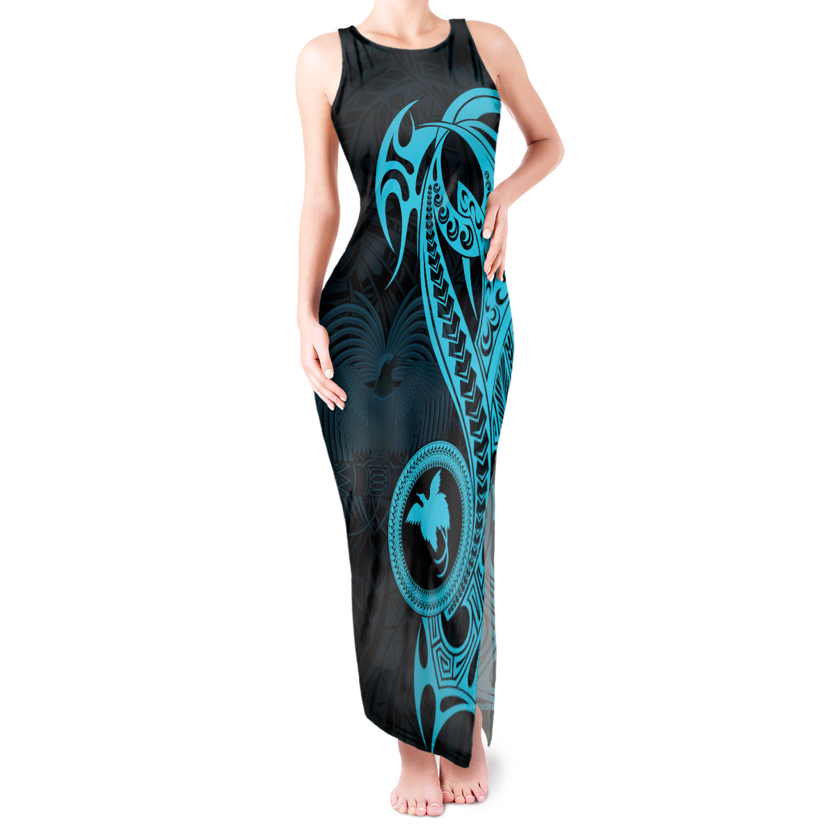 Papua New Guinea Island Tank Maxi Dress Bird of Paradise with Aqua Polynesian Tribal - Wonder Print Shop