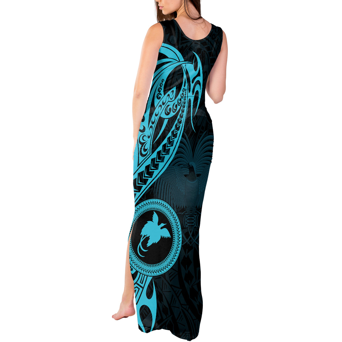 Papua New Guinea Island Tank Maxi Dress Bird of Paradise with Aqua Polynesian Tribal - Wonder Print Shop