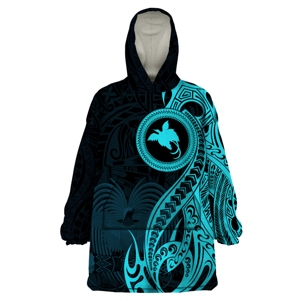 Papua New Guinea Island Wearable Blanket Hoodie Bird of Paradise with Aqua Polynesian Tribal - Wonder Print Shop