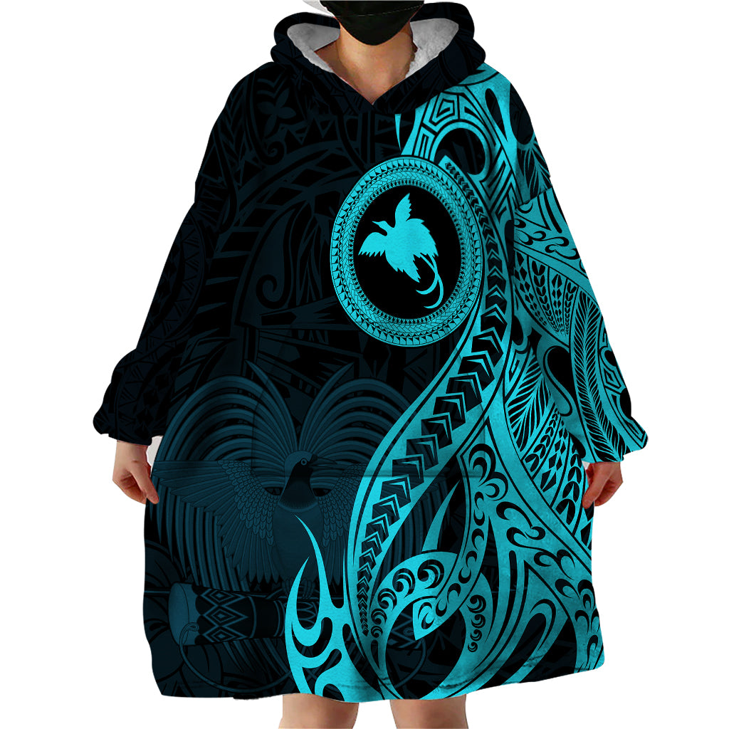 Papua New Guinea Island Wearable Blanket Hoodie Bird of Paradise with Aqua Polynesian Tribal - Wonder Print Shop