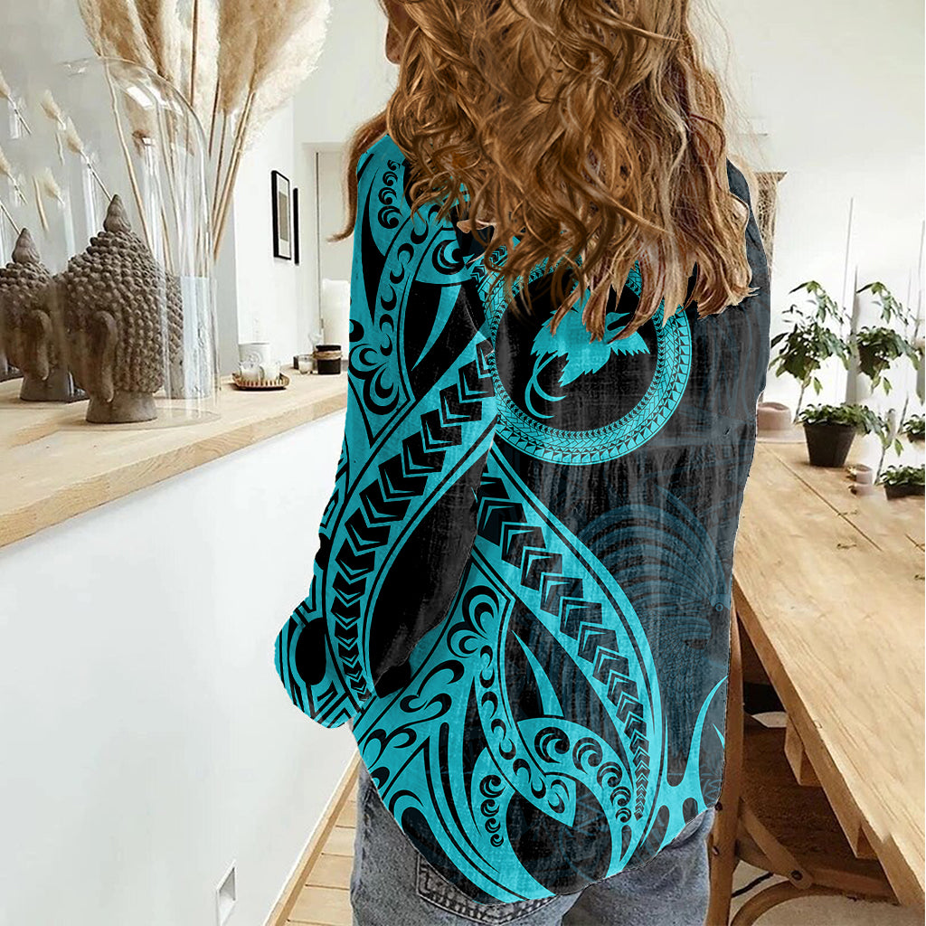 Papua New Guinea Island Women Casual Shirt Bird of Paradise with Aqua Polynesian Tribal - Wonder Print Shop