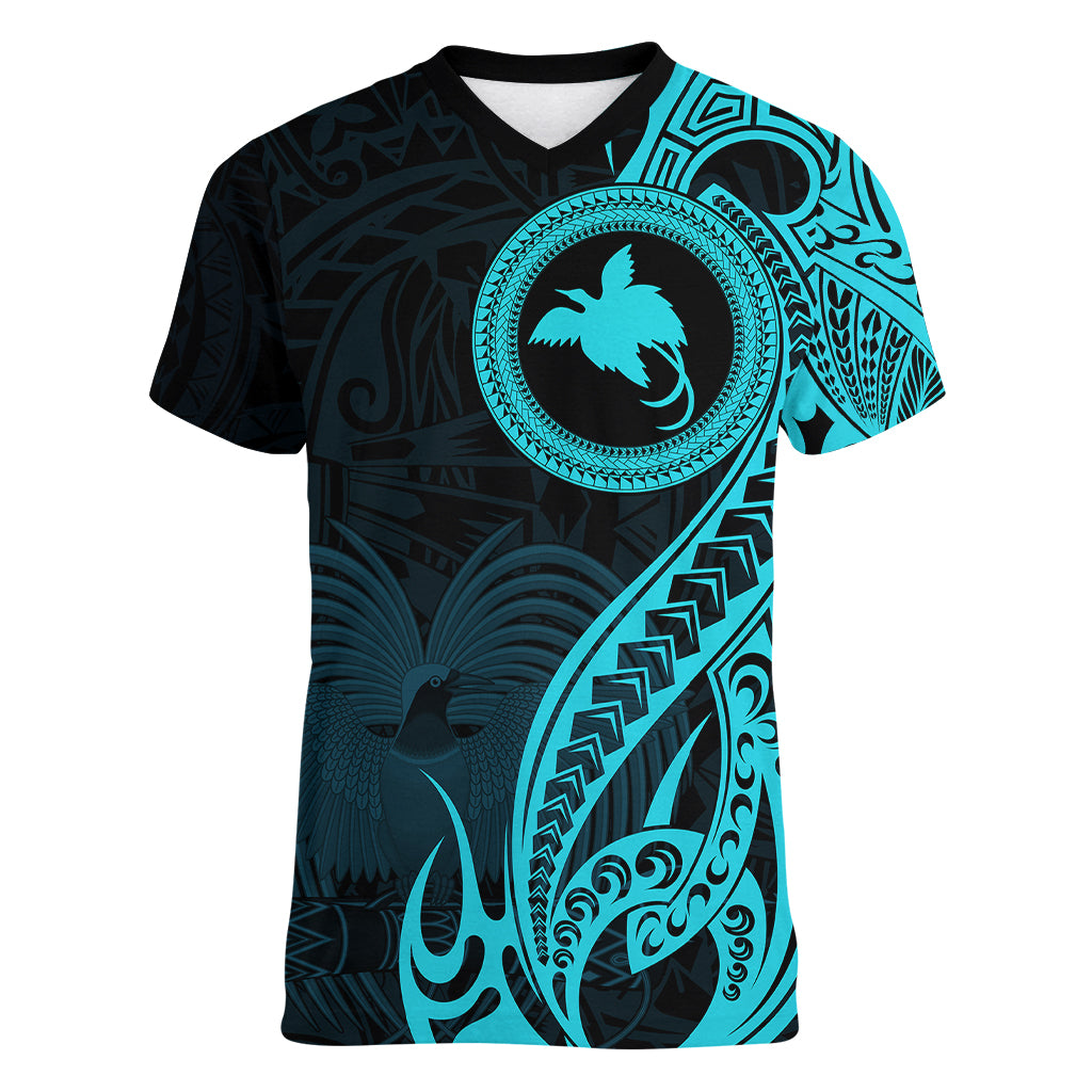 Papua New Guinea Island Women V Neck T Shirt Bird of Paradise with Aqua Polynesian Tribal - Wonder Print Shop