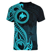 Papua New Guinea Island Women V Neck T Shirt Bird of Paradise with Aqua Polynesian Tribal - Wonder Print Shop
