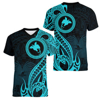 Papua New Guinea Island Women V Neck T Shirt Bird of Paradise with Aqua Polynesian Tribal - Wonder Print Shop
